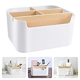 LANSKYLAN Bambus Tisch Organizer 5 Fächer Holz Desktop Stift Organizer Schreibtisch Organizer Bambus Weiß Fernbedienungshalter mit Abnehmbar Fächer Aufbewahrungsbox für Smartphones Kosmetika Stifte