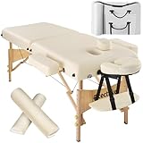 tectake Massageliege 2 Zonen, Massageliege klappbar, Massagetisch mit 7,5cm Polsterung, Mobile Massageliege, Kopf- und Armstütze, Massagebank mit Holzfüßen, 2 Lagerrungsrollen, Tragetasche - beige