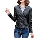Damen Slim Fit Schaffell Lederjacke Cropped Moto Biker Mantel Einfarbig Winter Casual Oberbekleidung, Schwarz , XL