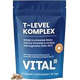 T-Level Testosteron¹ Kapseln - hochdosiert mit Shilajit, Ashwagandha KSM-66®, Maca schwarz, Bockshornklee, Tribulus, Cordyceps, Bor, Aminos - vegan - 60 Kapseln für 30 Tage - Vital25®