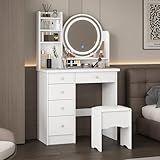 DAWNSPACES Schminktisch mit Spiegel,Schminktisch mit LED-Beleuchtung, Kosmetiktisch mit 5 Schubladen, Frisiertisch mit Regale, Schminkkommode und gepolsterte Hocker 80x36x135cm,weiß