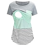 Damen Umstands-Top, kurzärmelig, Rundhalsausschnitt, gestreift, bedruckt, Still-Top, T-Shirt zum Stillen, Schwangerschafts-Top, Schwangerschaft, Stillen, grün, XXL