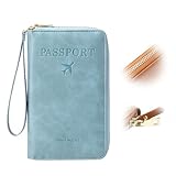 RFID-Reisepasshülle, RFID-Reisepasshülle für Reisen, multifunktionale Reisebrieftasche für Damen und Herren, Anti-Diebstahl-Ausweis-Organizer, schlanke Lederhülle für Kreditkarten, Bargeld, hellblau