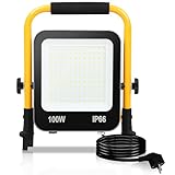 Sonnewelt LED Baustrahler Baulampe 1 x 100W 10000LM Bauscheinwerfer IP66 Wasserdicht LED Arbeitsleuchte 6000K Kaltweiß mit Stecker, 3M Kabel, Faltbarer Ständer für Innen und Außen