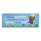 Dicke Hummel auf Blumenwiese Metallschild mit Spruch hat das Blümchen einen Knick war die Hummel viel zu dick! als Dekoration im Garten oder Geräteschuppen