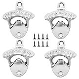 Flaschenöffner Wand, 4 Stück Bieröffner Wand aus Zinklegierung, Silberne Wandflaschenöffner für Bars, Küchen und Outdoor-Bereiche, Elegantes und Robustes Design für Einfache Montage (63 x 74 mm)