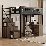 Hochbett 90x200 cm Kinderbett Metall Schutzgitter mit Holzsprossen mit Metallkugel und Fenster Einzelbett mit Steigleiter für Erwachsene JugendlicheGästebett mit Stauraum Schwarz