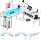 iSunirm L-förmiger Schreibtisch, Gaming-Schreibtisch mit LED-Lichtern, wendbarer Computertisch mit Ablagen, Ecktisch mit Monitorständer für Zuhause, Büro, Weiß