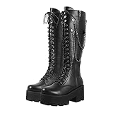 Only maker Women's Plattform Long Boots with Chunky Heels Lace Up Boot Round Toed Knight boots Black EU 38