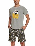 Demegimi Schlafanzug Herren Kurz Lustig Kurzer Pyjama Set Baumwolle Shorty Nachtwäsche mit Katze T-Shirt und Schlafanzughose für Männer