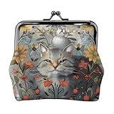 Lustige Geldbörse mit Katzen- und Blumendruck, für Damen, niedliches PU-Leder, Kuss-Lock-Geldbörse, Schwarz, Einheitsgröße, Muster, Schwarz , Einheitsgröße, Muster: