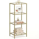 VASAGLE Regal mit 4 Ablagen, Badregal, gehärtetes Glas, einfache Montage, für Badezimmer, Wohnzimmer, Küche, Büro, transparent-metallisches Gold LGT28G