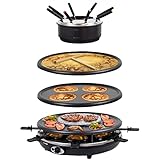 Syntrox Germany RAC-1350WF Waadt 4 in 1 Raclette Grill Fondue Heißer Stein für 8 Personen, Edelstahl Design