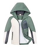 ALXHUTE Regenjacke Jungen Übergangsjacke Wasserdicht Kinder Softshelljacke Farbkontrast Jacke Mit Kapuze Grün DE: 146-152 (Herstellergröße 150)