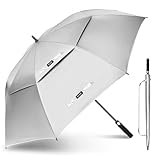 KEYHOT Golf Regenschirm mit UV Schutz 172 cm Golfschirm UV Schutz Große Sturmfest Doppelter Stülle für Herren und Damen (Silber/Schwarz)