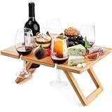 YOUEON Tragbarer Wein Picknick Tisch mit 5 Weingläser Halter, Faltbarer Champagner Picknick Snack Tisch, Wein und Käse Tisch für Picknick, Camping, Park, Strand, Weinliebhaber Geschenk