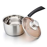 Homikit Stielkasserolle, 16 cm ca. 1,9L Edelstahl Milchtopf mit Glasdeckel, Kochtopf mit Langer Hitzebeständiger Griff, Gesund & Ungiftig, Unbeschichtet, Sichtbar, Spülmaschinengeeignet