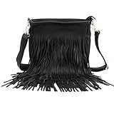 Milya Damen Fransentasche Umhängetasche Schultertasche Fransen Kunstwildleder Schwarz
