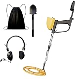 PEILU Kinder Metalldetektoren Outdoor Metall Detektor Set inkl. Plastikschaufel, Kopfhörer & Tragtasche Profi Garten Metallsuchgerät mit LCD-Display, Wasserdicht Suchspule & Lang Handgriff (Gelb)