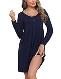 Bresdk Nachthemd Damen Langarm Knöpfe Stillkleid Nachtwäsche Umstandsmode Stillnachthemd Umstandskleidung, Marineblau, XXL