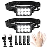 Stirnlampe LED Wiederaufladbar 2 Stück, Superhell 2500 Lumen 5 Lichtmodi Leichtgewichtig IPX6 Wasserdicht Leicht Sensor Kopflampe,Stirnlampen für Outdoor Camping Laufen Angeln,für Kinder Erwachsene