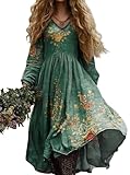 Minetom Damen Langes Boho Kleid Vintage Kleider mit Blumenmuster Langarm Maxikleid Frühling Sommer Blumenkleid Freizeitkleid A Grün 3 3XL