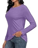 Gosunny Langarmshirt Damen Basic Rundhals Oberteile Einfarbiges Casual Blusen lose Pullover Langarm Tops(Lila,XL)