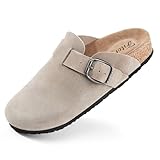 FITORY Damen Clogs Slip-on, Kartoffelleder, Mule, Spitze, Wildleder, Kork-Einlegesohle, Taupe, Größe 37/38