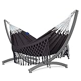 Potenza Outdoor Hängematte mit Gestell für 2 Personen I Medelin - 100% Baumwolle Doppelhängematte 230x160, 200kg I Hängemattengestell 350 kg, wetterfest (Gestell Grau, Medellin Kaffee)