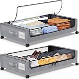 SPEEDEVE 2 Stück Unterbett Aufbewahrungsbox 50L Unterbettkommode mit Rollen Bettkasten Organizer mit PVC deckel Unterbettbox für Kleidung Schuhe Decken Bettwäsche,Grau,2er-Pack