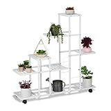Relaxdays Blumenständer mit Rollen, H x B x T: 91,5 x 93 x 26 cm, Metall, 9 Ablagen, Pflanzenständer für innen, weiß