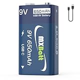 MXBatt 9V Akku Block Wiederaufladbare 1 Stück 650mAh Wiederaufladbare USB C Batterie für Rauchmelder Feuermelder Warnmelder Multimeter
