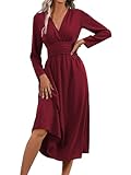 LIAMERHE Damen Langarm V-Ausschnitt Winterkleid Elegant Lang Kleider Herbst Freizeitkleider Plissee Hohe Taille Lässiges Kleid Boho Stil A-Linie Strandkleid Frühling Burgund M