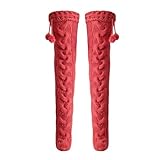 vejtmcc Winter solide gestrickte warme lange Kniekappensocken mit Plüsch Damen Sportsocken (Red, One Size)