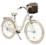 MILORD Damenfahrrad Citybike Komfort Mit Metallkorb Hollandrad Vintage Fahrrad, 26, 28 Zoll, 3-Gang (Creme-Braun, 26 Zoll)