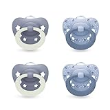 NUK First Choice Classic Day & Night Baby Schnuller | 0-6 Monate | Orthodontische Beruhigungssauger, die im Dunkeln leuchten | 95% Akzeptanz bei Babys** | Blau | 4 Stück