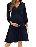 KOJOOIN Damen Umstandskleid V-Ausschnitt 3/4 Ärmel Stillkleid Rüschen Schwangerschafts Kleider mit Gürtel DunKelblau(3/4 Ärmel) M