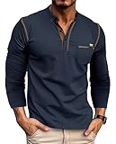 MAGIMODAC Herren Tshirt Langarm Hemd Baumwolle Langarmshirt V Ausschnitt Henley Shirt Tee Top T-Shirts mit Knopfleiste Dunkelblau XL