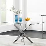 GOLDFAN Rechteckiger Esstisch aus Glas Moderner Küchentisch Glas Tisch mit Metallbeinen für Esszimmer Wohnzimmer Küche, Silber, 110x70x75 cm