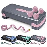 Aerobic Stepper Set mit Hanteln & Maßband, Höhenverstellbar 2 Stufen Erhöhungen, Workout Übung Step Plattform, Pink Grau, Das ultimative Geschenk für einen fröhlichen Urlaub und frohe Weihnachten