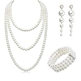 ZXJLWR Perlenkette, 3 Stück 20er Jahre Kostüm Damen, Elegant Perlen Schmuck, 3-Row Stretch Bead Armband MIT Perlen Ohrringe, Perlenschmuck Set Damen Für Party, Prom, Wedding