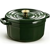 Overmont Bräter Emailliert Gusseisen Topf - Dutch Oven 26cm backofengeeignet mit Deckel und Kochbuch - für Braten Küche Backen Schmoren Dunkelgrün