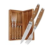 Steakchamp Fleischgabel und Steakmesser, 2 x 2 Stk.: Gabeln und Messer aus Klingenstahl, mit Mikrowellenschliff, Set 4-teilig, inkl. Holzkiste