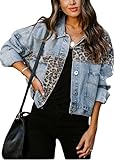 SWOAMER Damen Vintage Jeans Jacke Leopard Denim Jacke Western Fall Jacke Übergangsjacke mit Tasche Button Down Streetwear Jacke Freizeitjacke Blau L