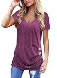 Jescakoo Damen T Shirt Oversize Sommer V-Ausschnitt Sexy Oberteile Tops lässige Basic Kurzarm lang Tunika Casual Bluse mit Knopf Fuchsie L