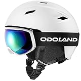 Odoland Skihelm und Skibrille Set, Snowboardhelm mit Snowboardbrille für Erwachsene, Schneebrille UV 400 Schutz Windwiderstand Snowboard Brille zum Skifahren und Bergsteigen Weiß S