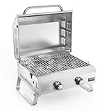 Onlyfire Tischgasgrill 2 Edelstahlbrennern, Tischgrill mit Deckel, Grillrost, Thermometer, Kleiner Gasgrill für Balkon Camping Garten, 4.7 kW, Grillfläche 46x35cm, BBQ Tragbarer Tisch Gasgrill