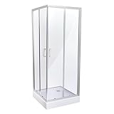 Belvit® Duschkabine Eckdusche 100x100x200 cm mit Schiebetüren und Duschwanne, 4 mm ESG Klarglas, verchromte Profile, Antikalk Nano Beschichtung, Duschabtrennung Eckeinstieg