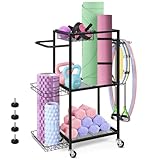 smusei Sportgeräte Ständer, 3 Stufige Yoga Matte Aufbewahrung Metall Hantelständer mit Rollen & 8 Haken, Zuhause Fitnessgeräte Wagen für Yoga Block, kugelhantel, Kettlebells usw, Schwarz