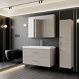 Badmöbel Set Liana 100 | Keramikwaschbecken | Unterschrank | Spiegelschrank | Softclose-Schubladen & -Türen | Riffeloptik & Bügelgriffe | Eleganter Stil | Badmöbel | Waschtisch mit Unterschrank 100 cm